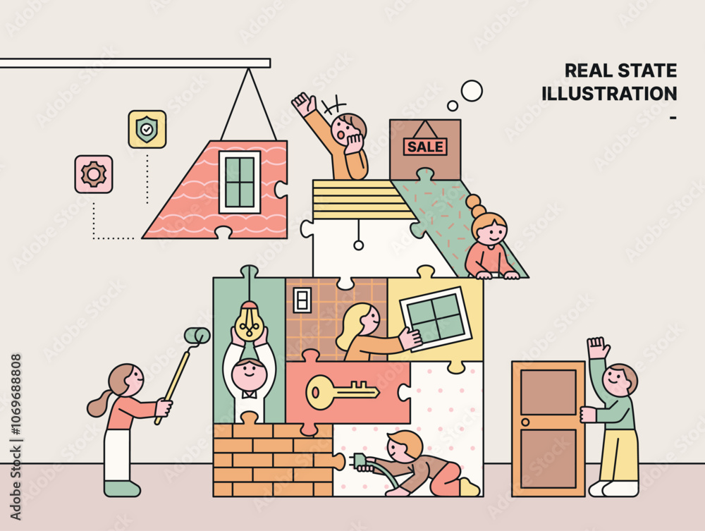 Poster people are building a house. puzzle concept with items inside the pieces. cuttiny character with out