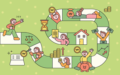 Obraz premium Plan and steps to buy a house. Board game pathfinding concept. Cuttiny character with outine.