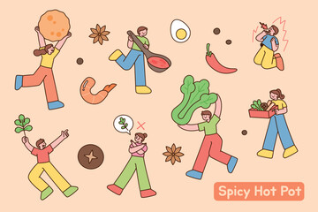 Chinese food Mala hot pot. People are walking around with ingredients for making spicy food.