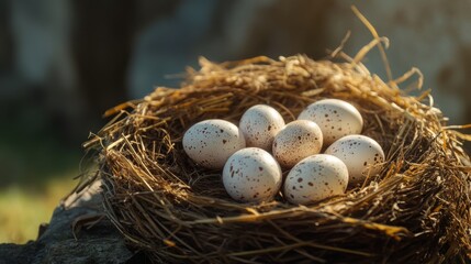 Obraz premium Nest of speckled eggs in a natural setting