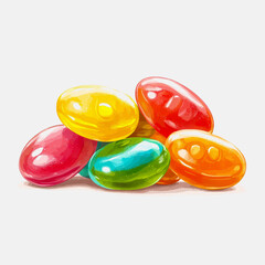 A vibrant collection of colorful jelly beans isolated on a white background. Perfect for sweet-themed projects and candy-related designs.