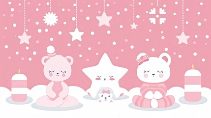 A cute illustration featuring three adorable bears and a star on a pink background, surrounded by white stars and candles, creating a cozy, whimsical atmosphere.