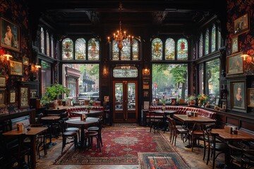 Interior of a Pub with Stained Glass Windows and Wooden Tables