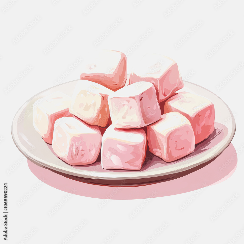 Poster this image features an artistic representation of fluffy marshmallows arranged on a soft plate. perf