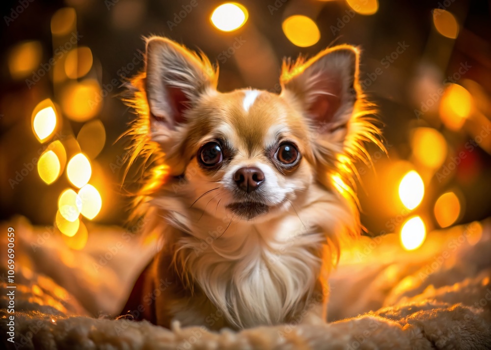 Poster adorable and playful chihuahua with unique fur pattern and bright eyes captured in low light, showca