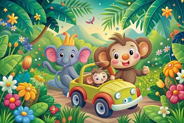 Naklejka premium Adorable Cartoon Elephant and Electric Car Monkey Exploring a Vibrant Jungle Scene for Children - Vector Illustration Full of Fun and Adventure