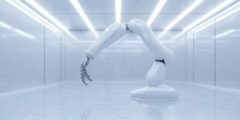 A Modern Robotic Arm Positioned in a Sleek Laboratory Environment, Showcasing Its Intricate Mechanics and Futuristic Design During a Bright Daylight Simulation