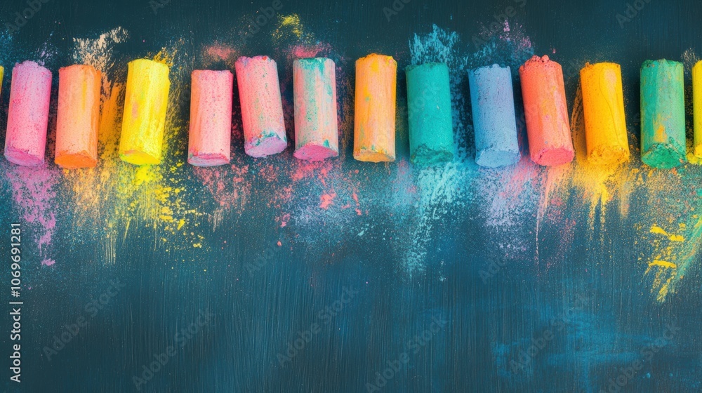 Poster brightly colored chalks lay on a black chalkboard, inviting creativity as they await artistic expres