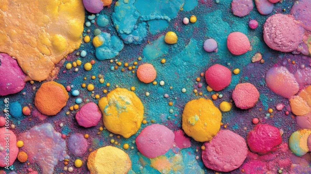 Poster Brightly colored abstract texture of mixed pigments and powders, with splattered shapes and contrasting colors creating a dynamic, vibrant effect.