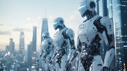 Two Robots Overlooking Futuristic Cityscape