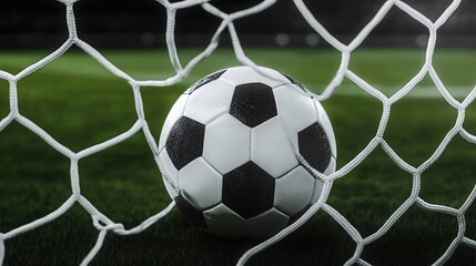 A Soccer Ball Lodged in the Net on a Well-Maintained Grass Field During an Evening Match Under Stadium Lights