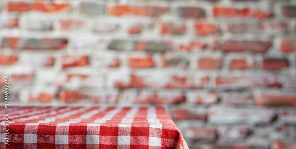 Poster an empty table featuring a red checkered tablecloth stands alone against a textured brick wall, crea