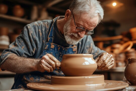 A senior man is shaping clay on a potter's wheel. This image can be used to depict the skill and artistry of pottery making.
