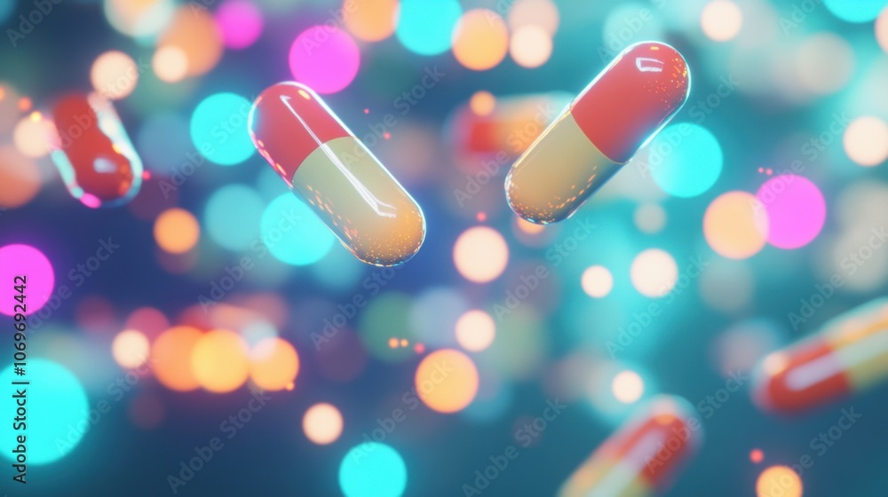 Poster colorful capsules hover in a blurred, bokeh-lit backdrop, creating a mesmerizing and dreamy atmosphe