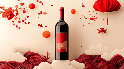Festival red wine poster, including Chinese knots, clouds and other red new year festive elements