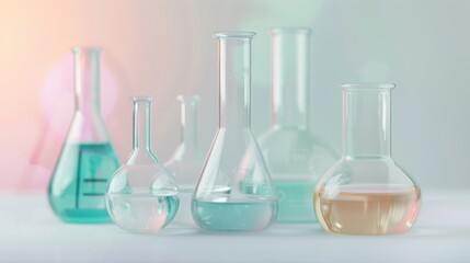 Various glass laboratory equipment containing liquids in vibrant colors is neatly displayed on a white surface, ready for use in experiments