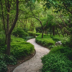 Fototapeta premium Walkway in the park with green trees and bushes. Nature background.