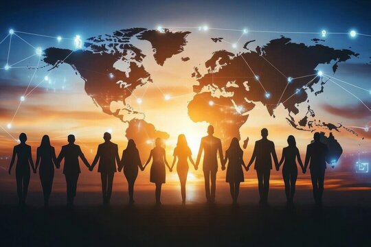 Group people holding hands walking towards world map Crossborder HR recruitment