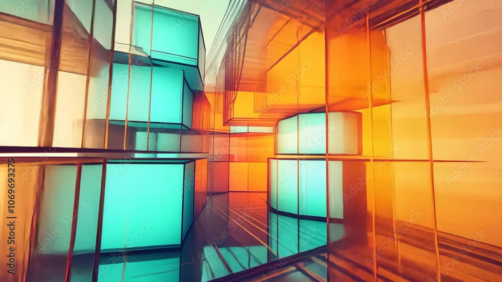 Poster a colorful, abstract image of a building with large windows, reflecting light