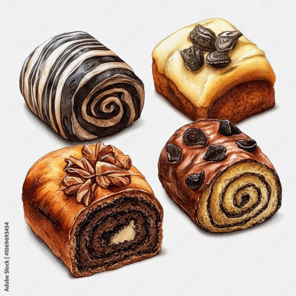 Poster a charming display of assorted swiss rolls on a clean white background. featuring various flavors an