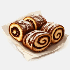 Fototapeta premium A tempting display of Swiss roll slices featuring rich chocolate swirls. Ideal for dessert menus, food photography, or culinary inspiration on a clean white backdrop.