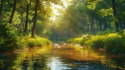 Fototapeta premium Tranquil Forest River With Sunlight Streaming Through Trees
