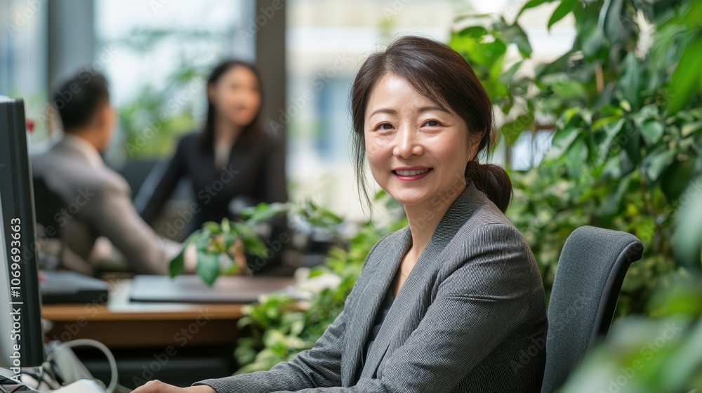 Poster a woman is sitting at a desk with a computer and smiling. generative ai