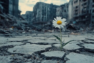 A single daisy grows in a cracked, gray path. The flower represents hope and resilience in the face of destruction.