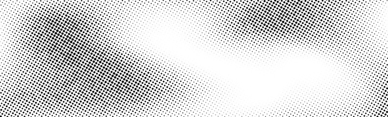 Naklejka premium Grunge halftone background. Faded grit noise gradient texture. White and black sand wallpaper. Wide long retro pixelated backdrop. Anime or manga style comic overlay. Halftone gritty print. Vector