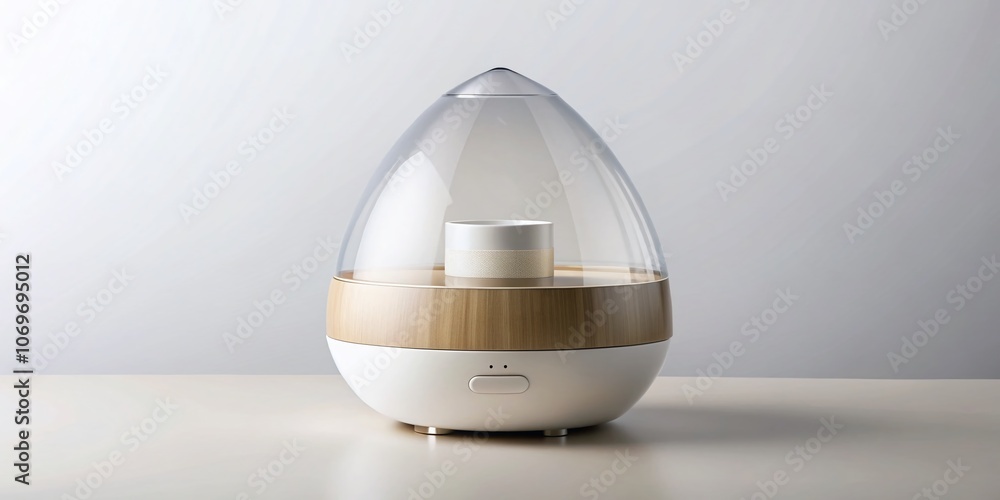 Poster aerial view of a minimalist humidifier designed for snoring relief on a clean white backdrop, emphas