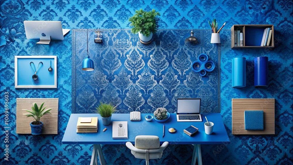 Poster aerial view of a royal blue work office texture background featuring modern design elements and clea