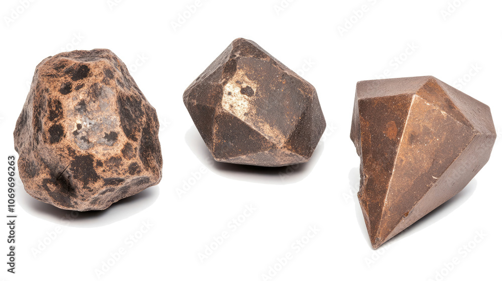 Poster three unique natural mineral specimens on clear background generative ai