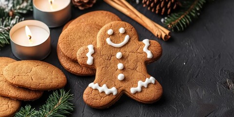 A festive display featuring a gingerbread cookie shaped like a person, surrounded by other cookies, candles, and decorative elements.