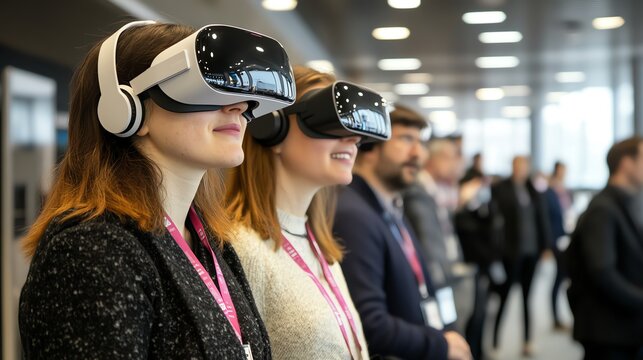 Three people wearing VR headsets at a conference, experiencing immersive technology.