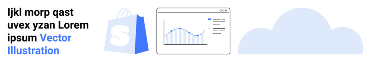 Shopping bag with letter S, a graph on a screen, and a cloud. Ideal for e-commerce, data analytics, cloud storage, website design, and business growth. Landing page