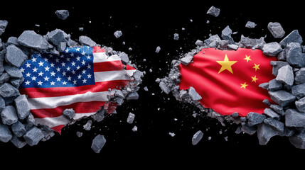 Crumbling wall with American and Chinese flags symbolizing conflict