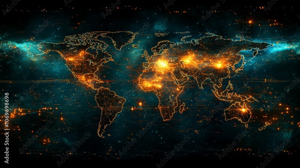 Poster glowing digital world map with data connections