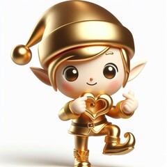 3d Cute metallic gold Christmas elf doing mini heart pose