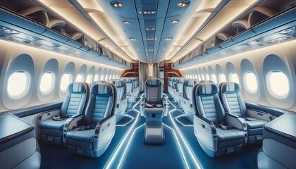 Fototapeta premium Interior of a modern passenger plane aircraft airplane interior.