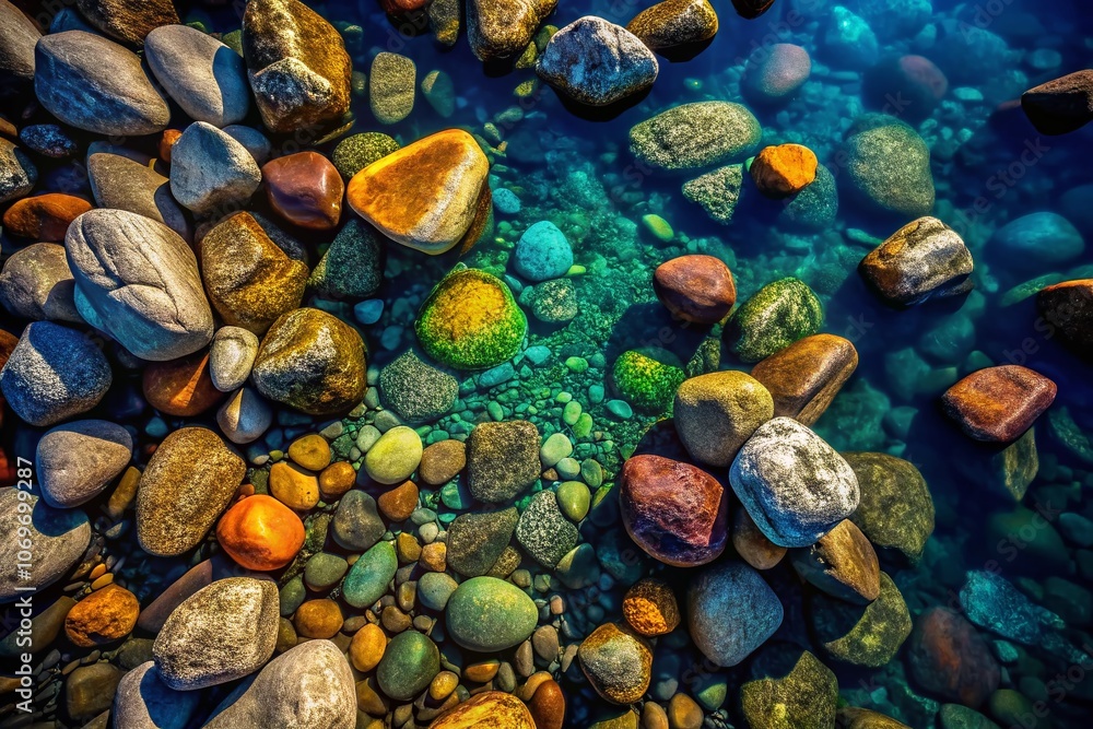 Poster aerial view of unique stones in water with black background highlighting natural textures and patter