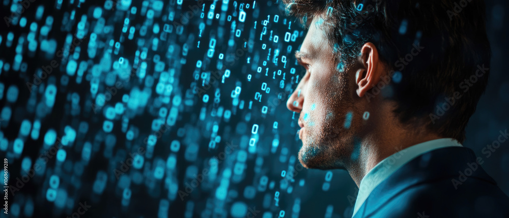 Poster digital entrepreneur immersed in a sea of cascading binary code against a deep navy background, symb