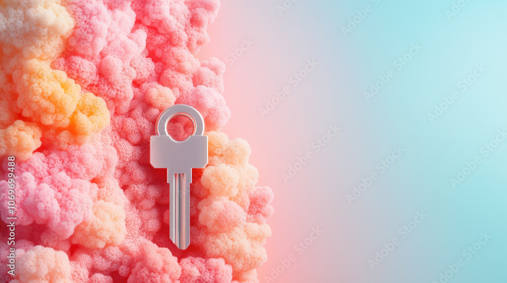 Poster cheerful 3d cartoon depicting data encryption with a key, set against a vibrant coral backdrop, symb