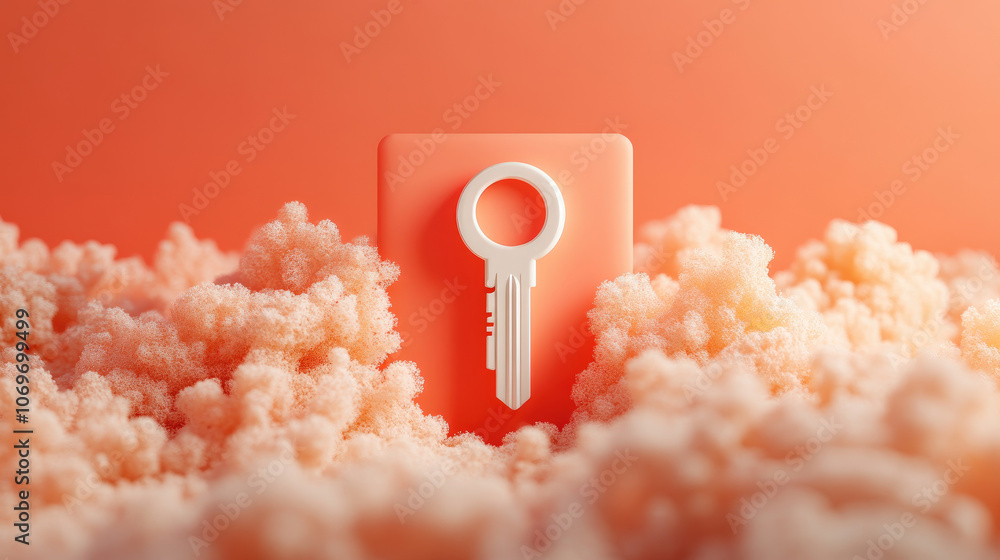 Poster cheerful 3d cartoon of data encryption featuring a key, set against a vibrant coral backdrop, emphas
