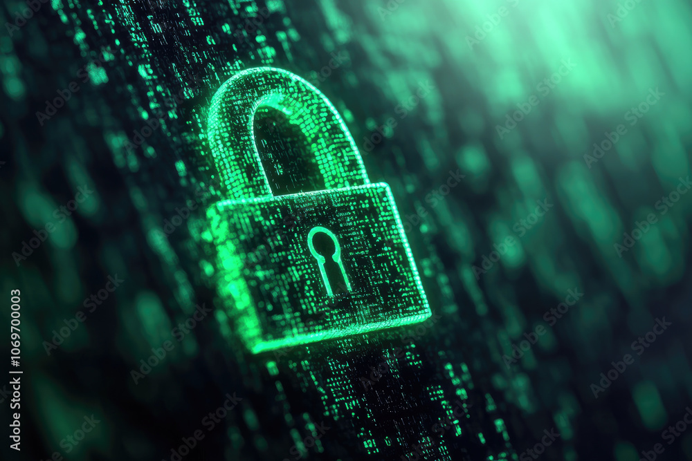 Poster neon green and black matrix lock, a sleek minimalistic design featuring a digital code pattern symbo