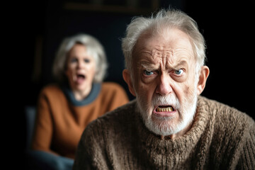 Elderly Man Expressing Intense Emotion with Distressed Woman in Background, Emotional Scene