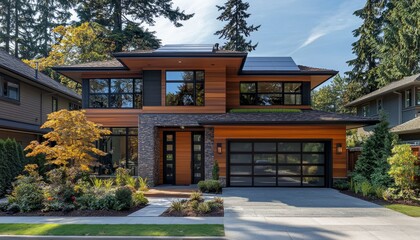 Fototapeta premium A modern house featuring a blend of wood and stone design, large windows, and lush landscaping, set against a backdrop of tall trees.