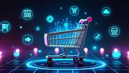 Futuristic shopping cart surrounded by digital holograms in a neon-lit cyberpunk atmosphere. Ideal for e-commerce, online shopping, and tech innovation themes. Modern and high-tech design.