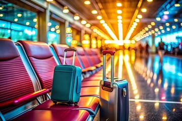 Fototapeta premium A Macro Perspective of Anticipation: Close-up of a Bus Station or Airport Seat with Travel Essentials and a Bokeh Background of People and Luggage in Motion