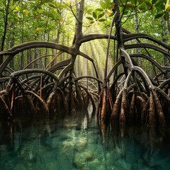 Dense mangrove forest with winding roots growing in crystal-clear water