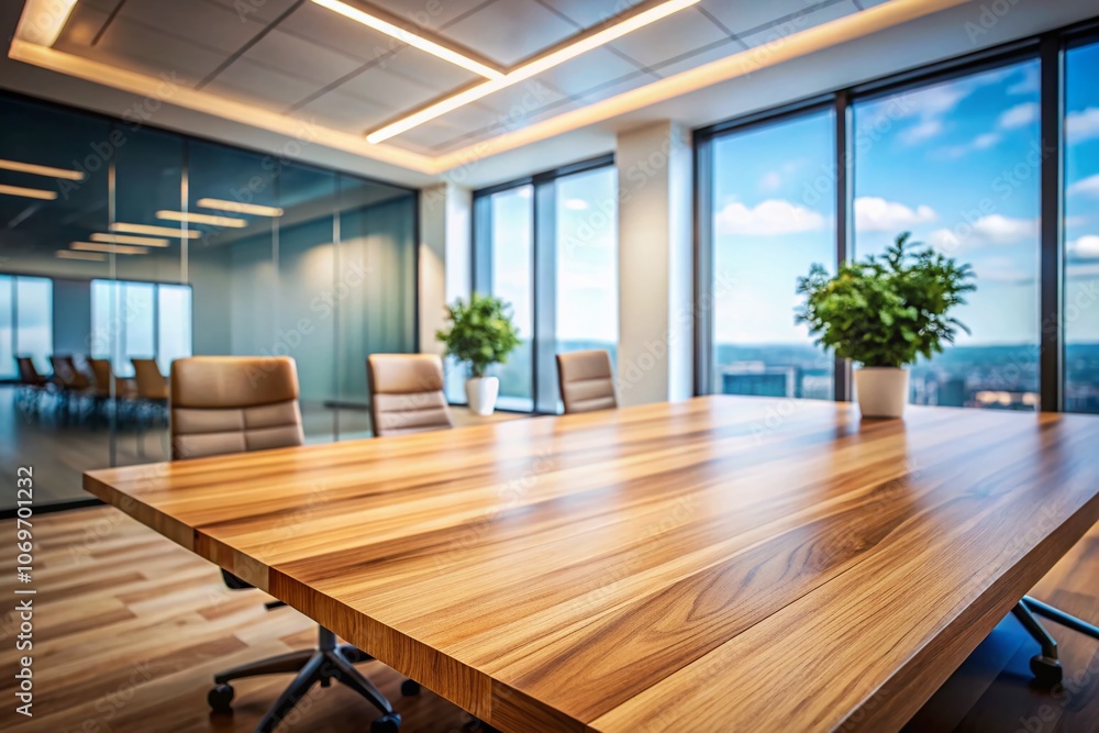 Poster a minimalistic view of an empty office room featuring a plain wooden table with a blurry background 
